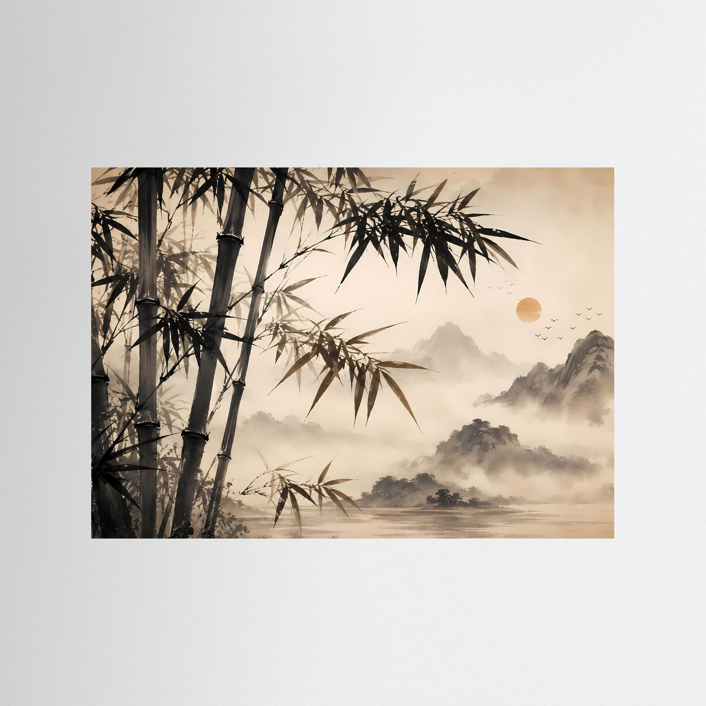 Wandbild mit Bambus im Nebel, asiatische Berglandschaft in Sepia- und Beigetönen