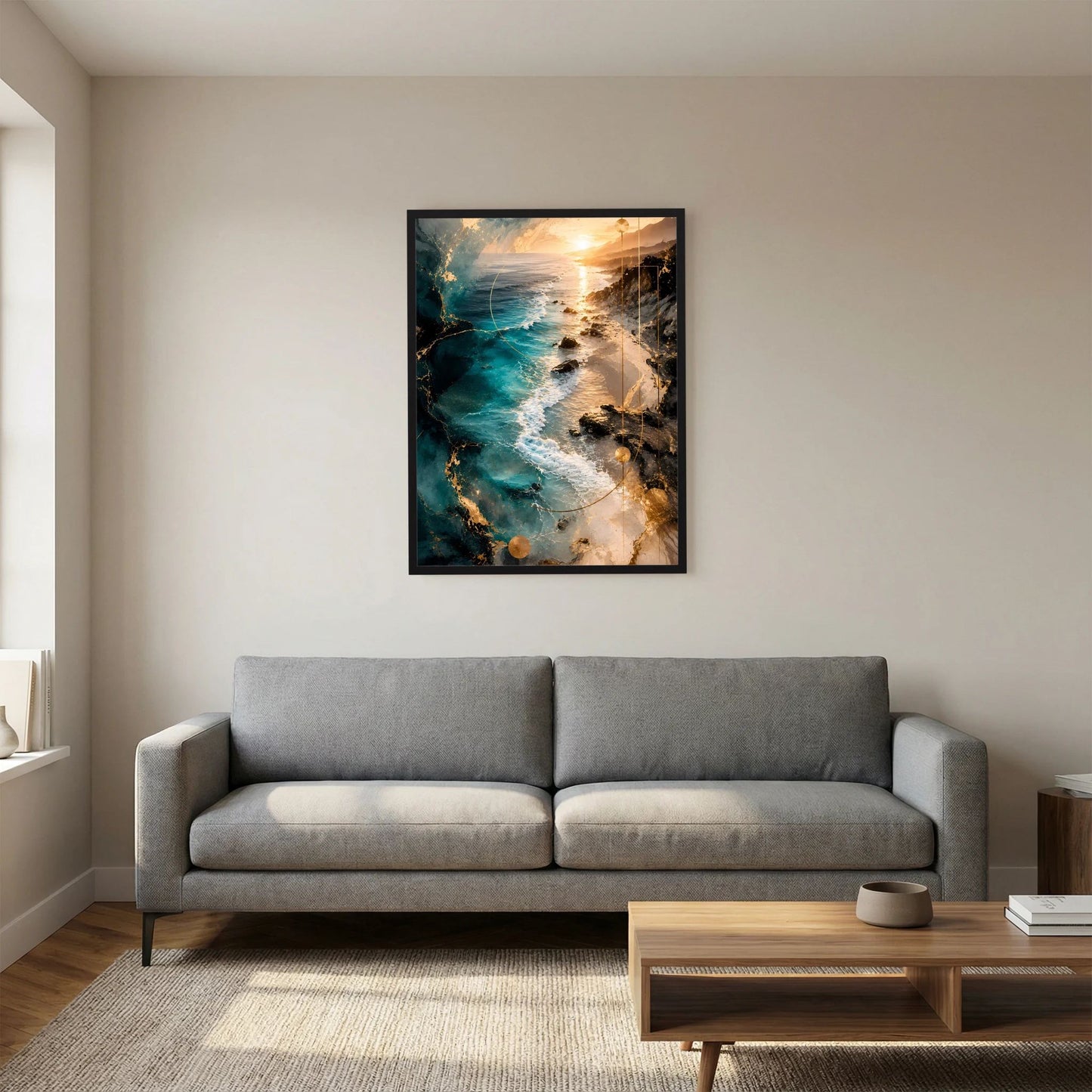 Schwarz gerahmtes Poster mit abstrakten Küstenwellen in Türkis und Gold, Hochformat