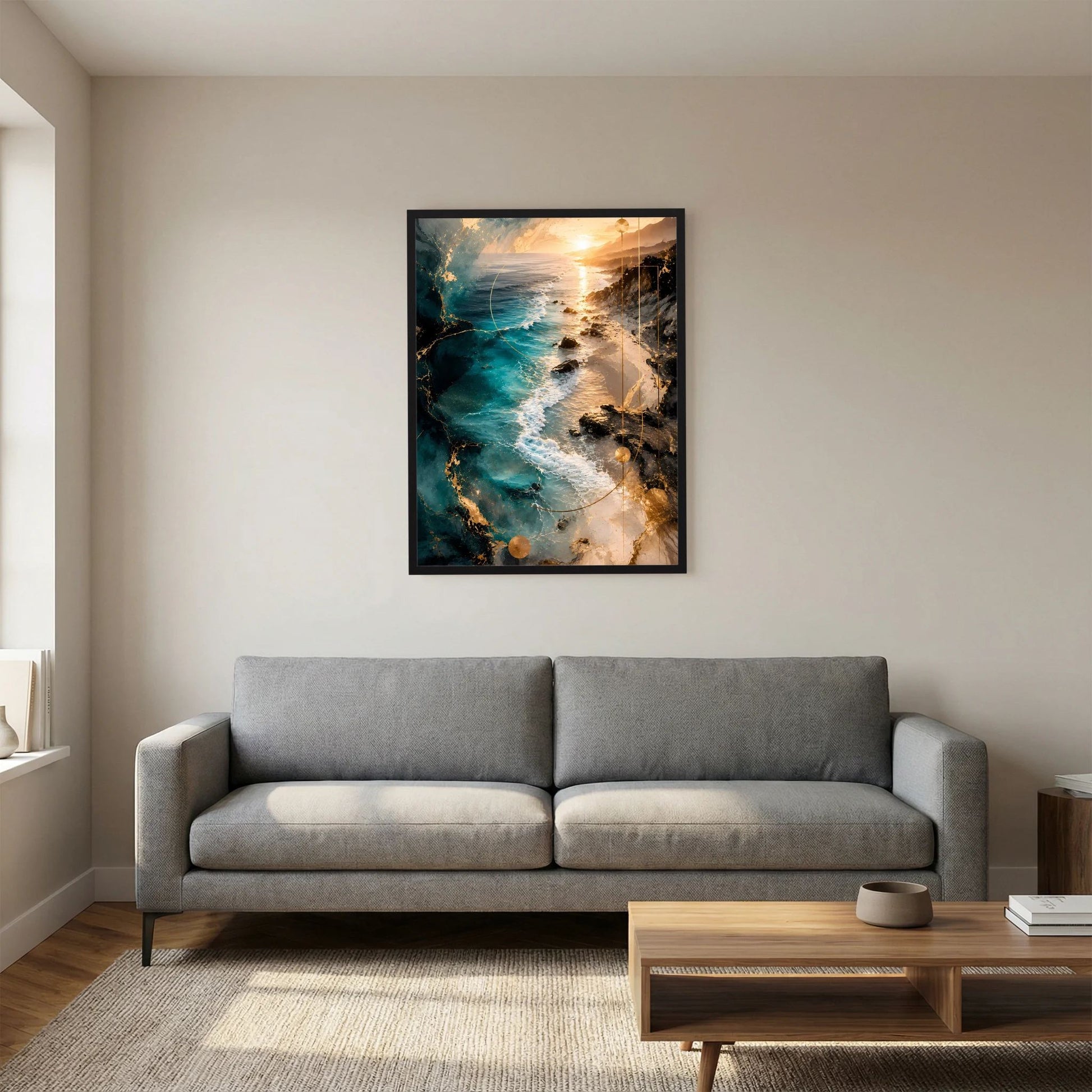 Schwarz gerahmtes Poster mit abstrakten Küstenwellen in Türkis und Gold, Hochformat