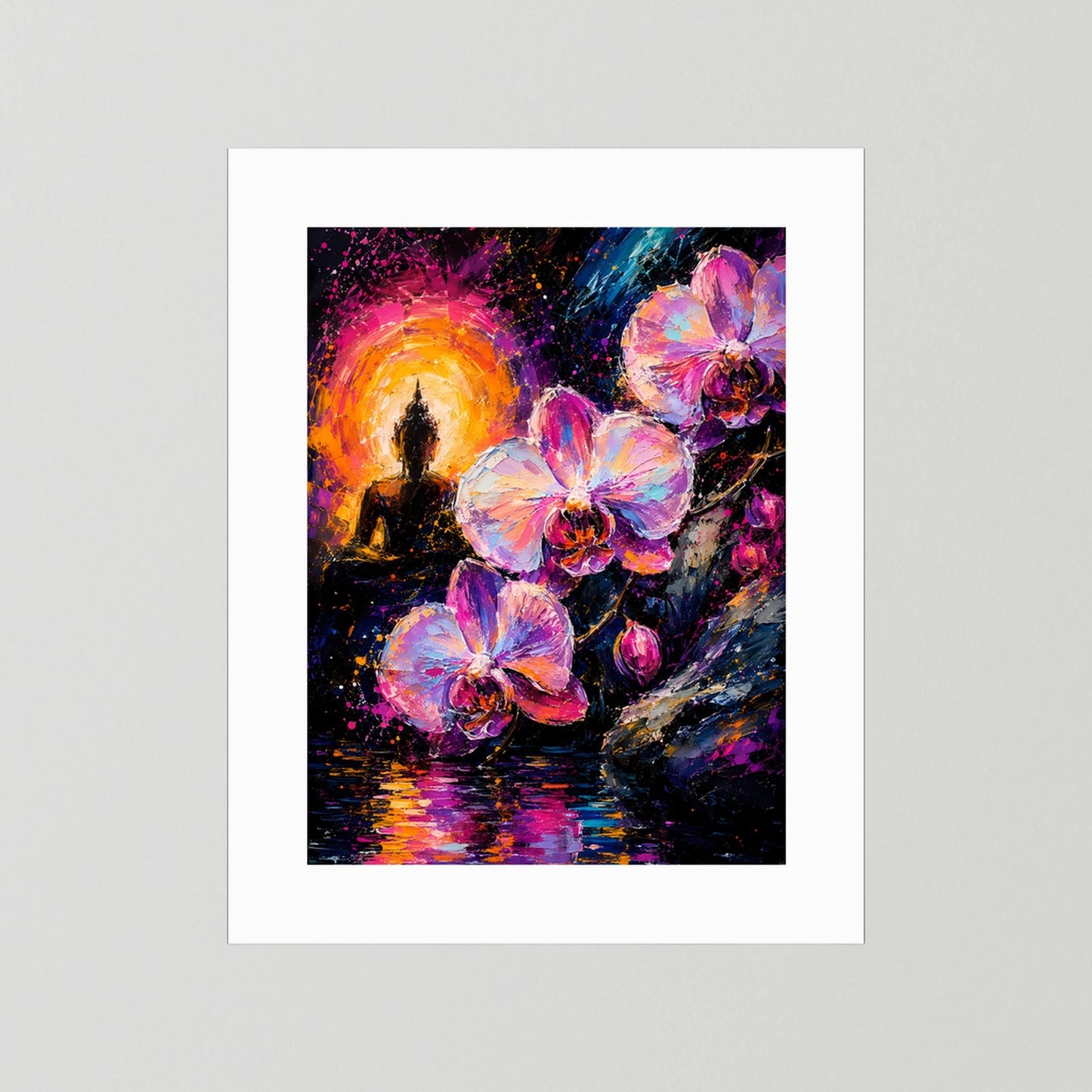 Poster mit Buddha-Silhouette und pinken Orchideen in Neonfarben, ohne Rahmen