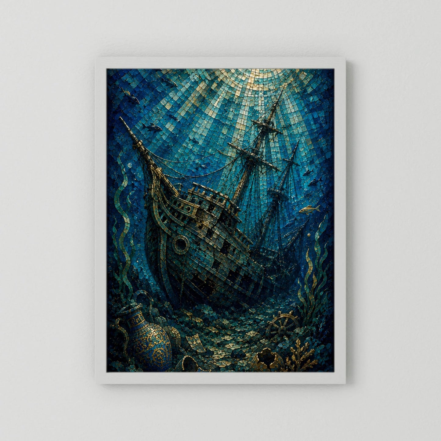 Poster im Hochformat mit Mosaikmotiv: versunkenes Segelschiff, blaues Unterwasser