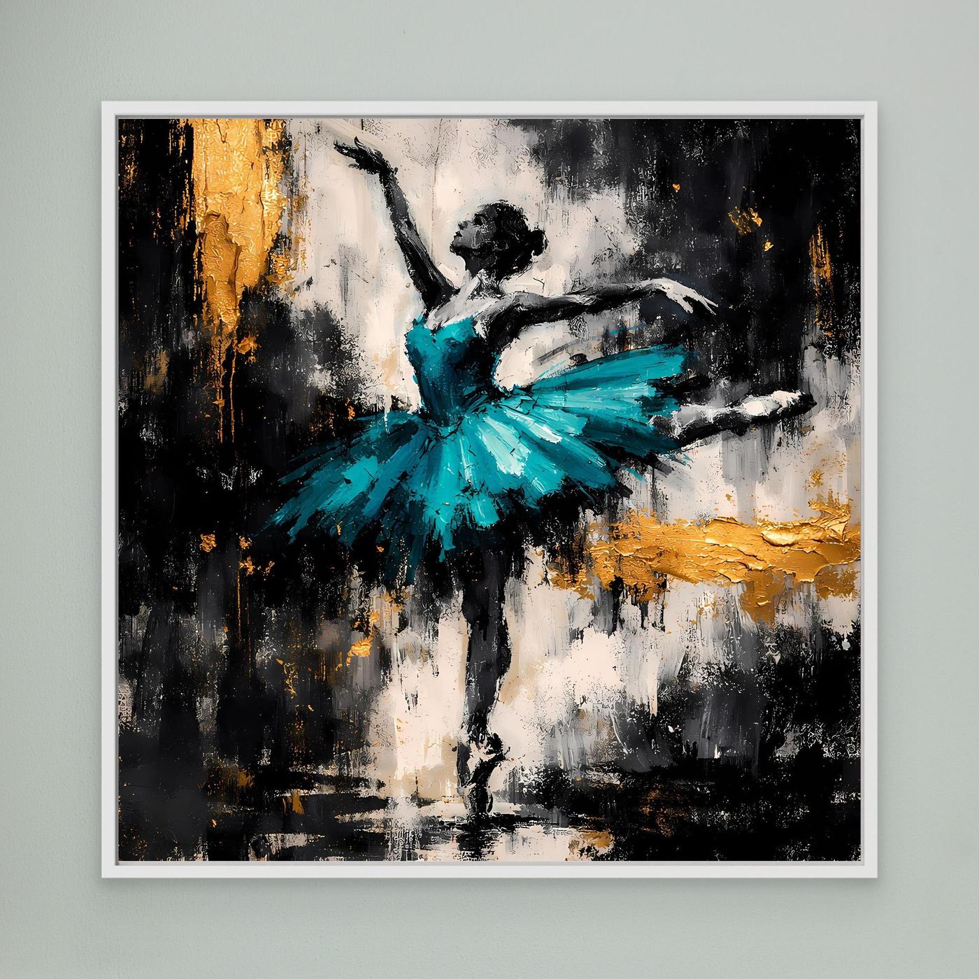 Leinwand Abstrakte Ballerina in Türkis und Gold | Modernes Ballett Wandbild mit Tanz-Motiv