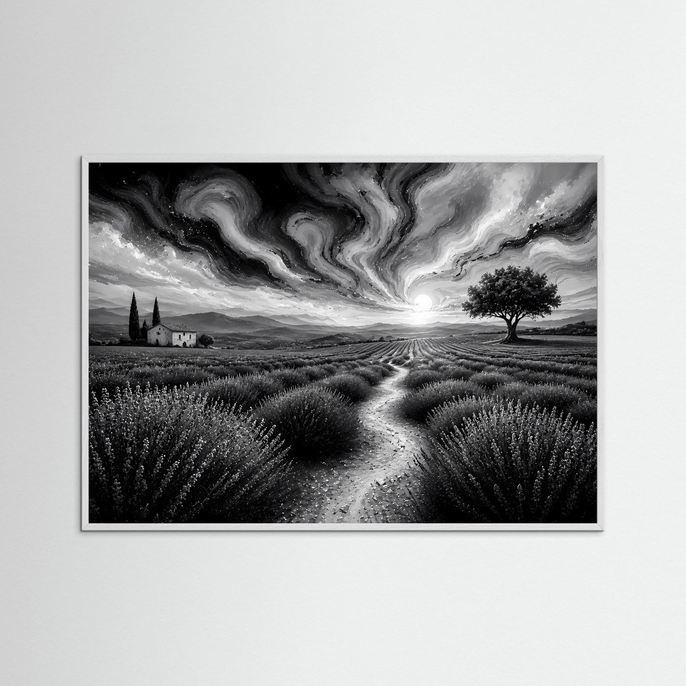 Lavendelfeld in Schwarz-Weiß | Abstrakte Landschaft mit dramatischem Himmel