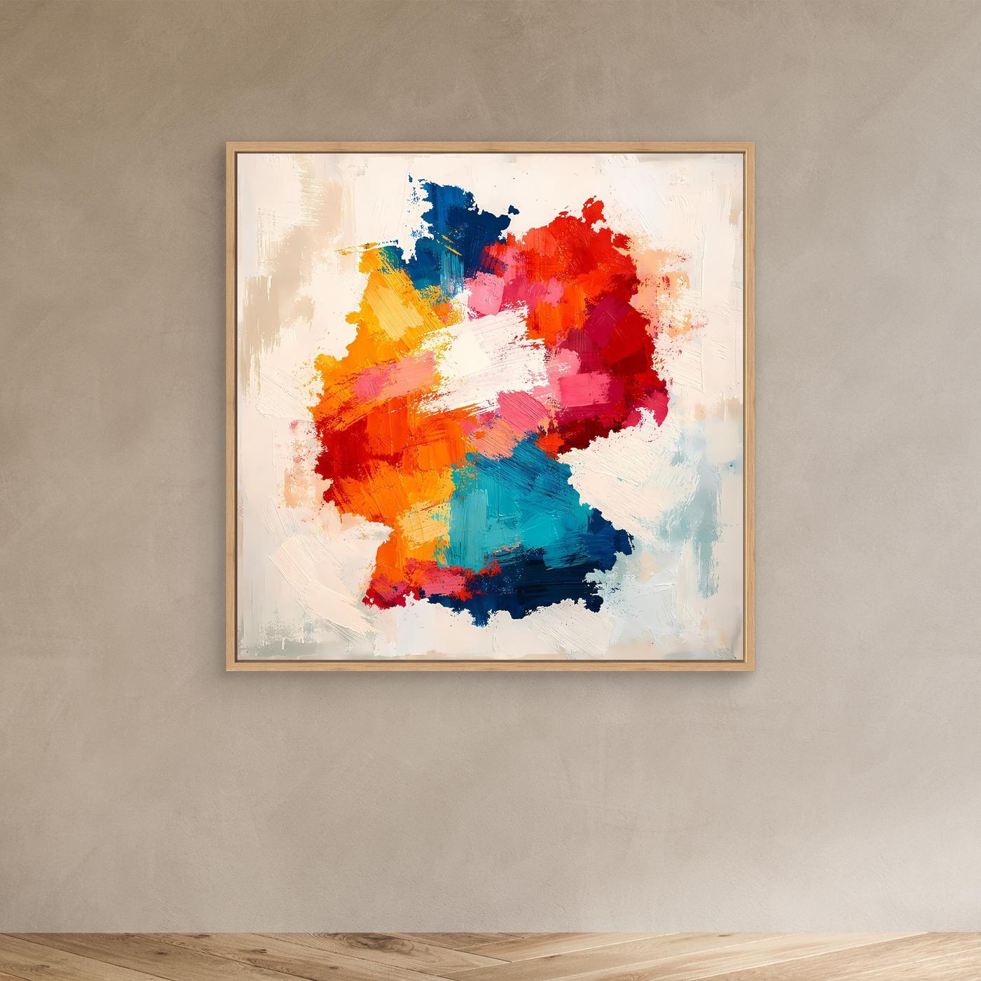 Abstract Germany map canvas wall art with oak frame, multicolor brushstroke silhouette