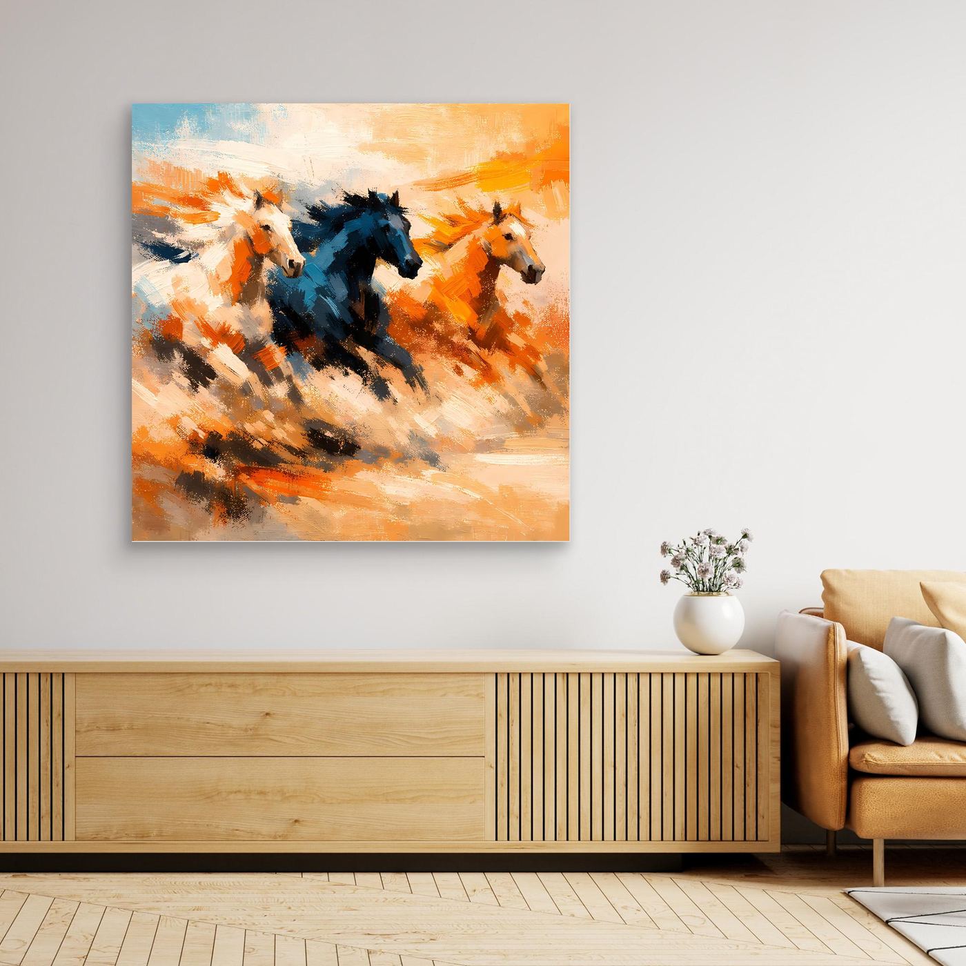 Premium Leinwand Wilde Pferde Galopp | Abstraktes Wandbild Dynamische Ölgemälde Optik
