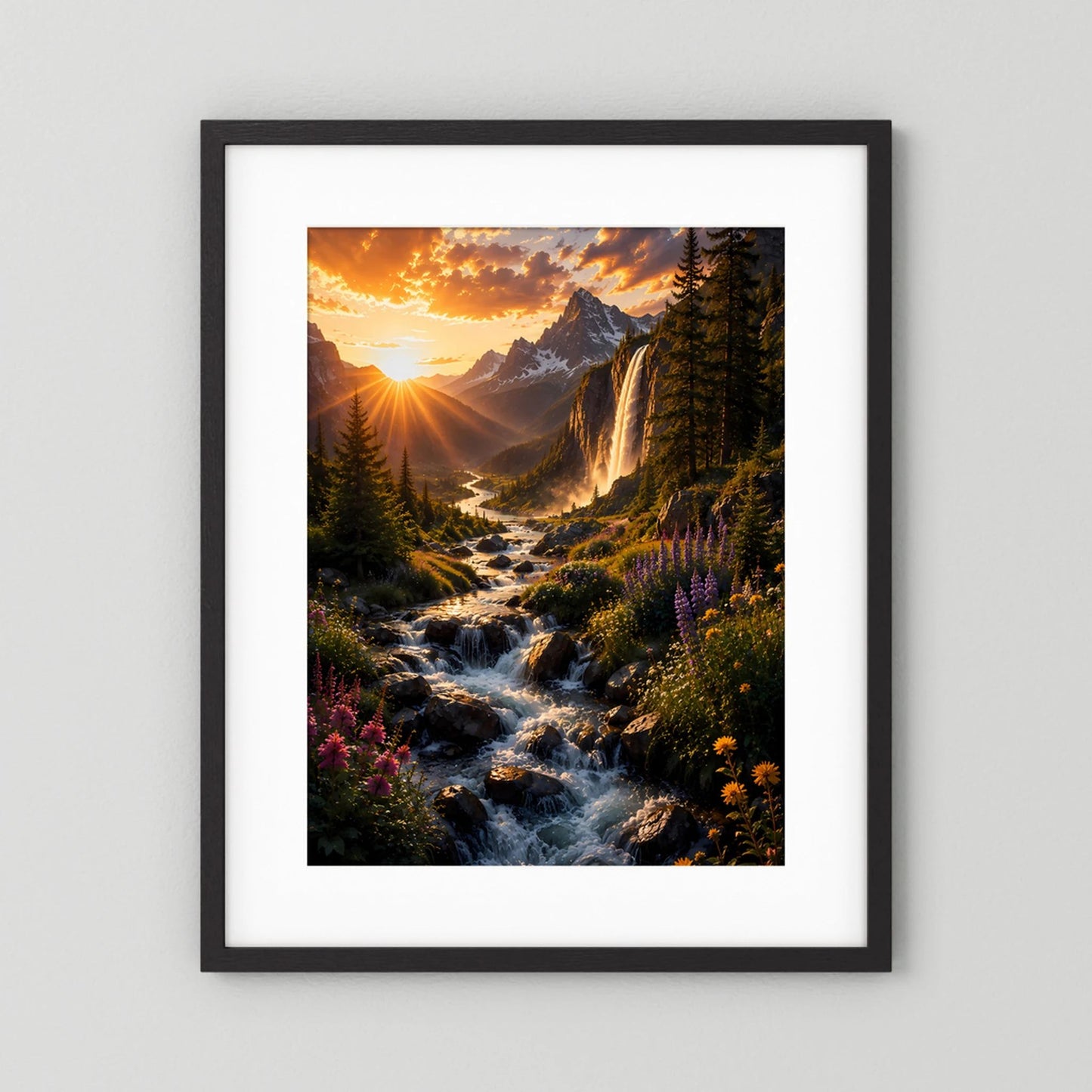 Bergwasserfall im Sonnenuntergang | Alpenlandschaft mit Wildblumen & Gebirgsbach | Poster Hochformat