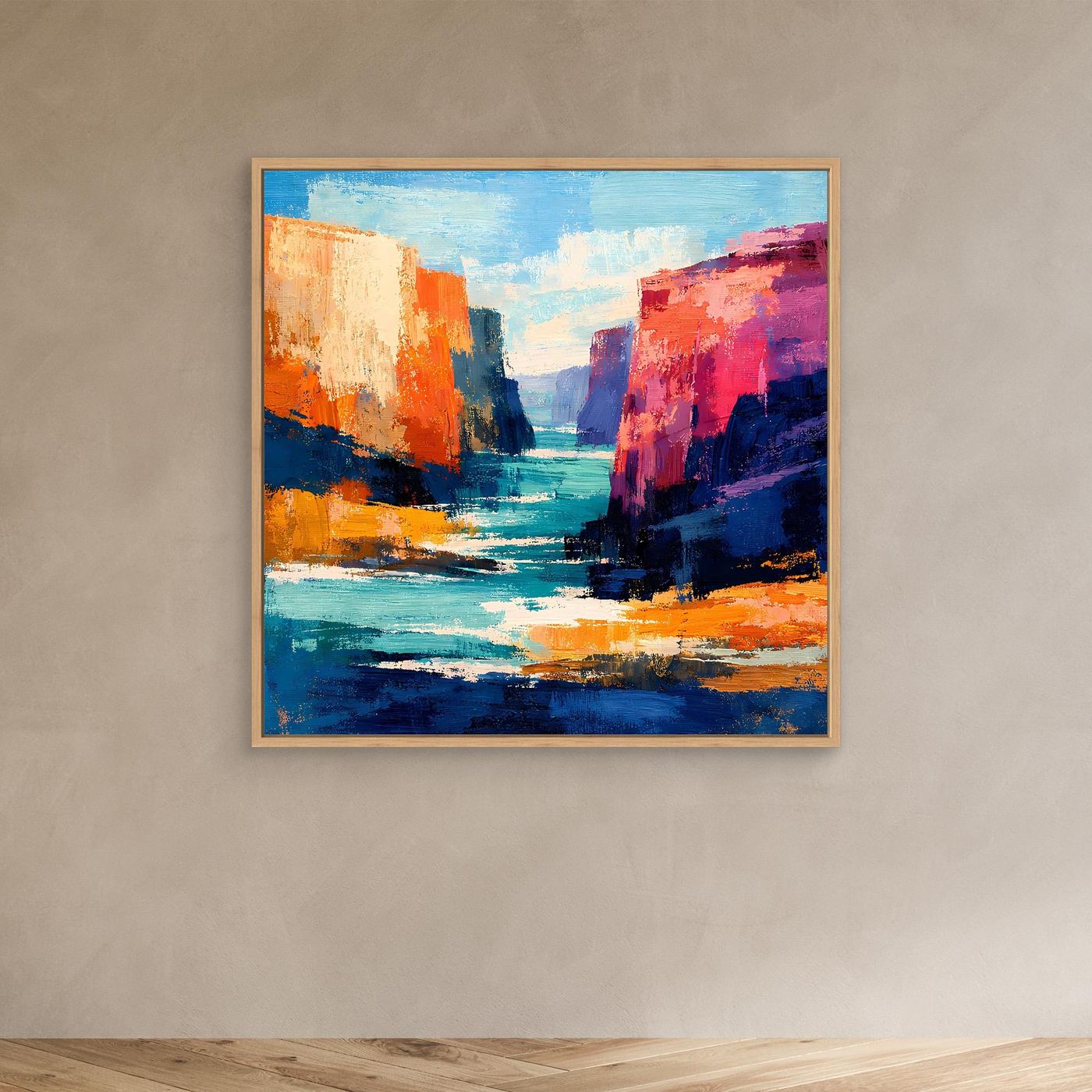 Abstraktes Leinwandbild mit Fluss und farbigen Felswänden, Holzrahmen (Eiche)