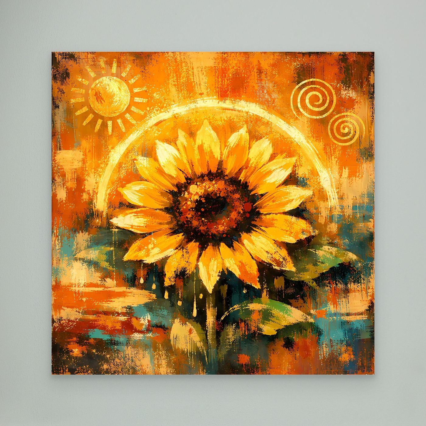 Abstraktes Leinwand-Wandbild: goldene Sonnenblume mit Sonne und Kreisen, ohne Rahmen