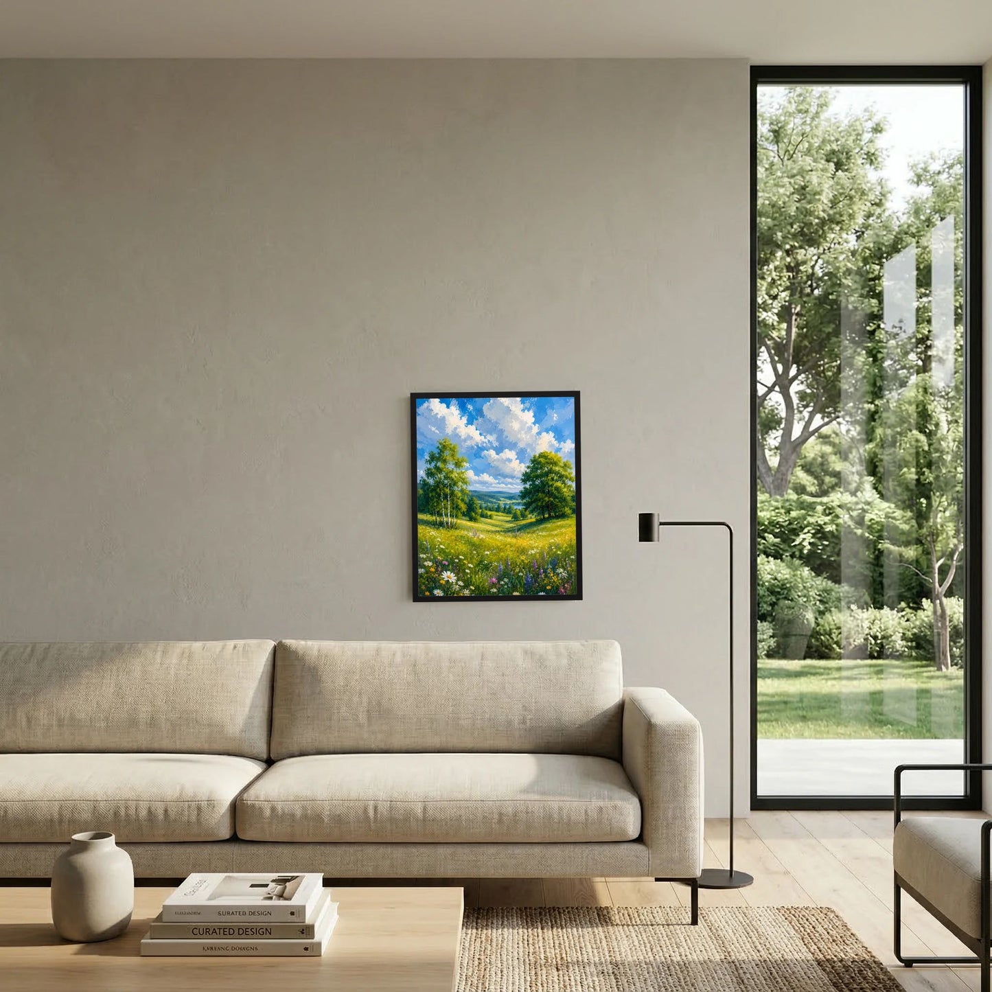 Dunkel gerahmtes Kunstposter mit Landschaft: blühende Wiese, Bäume und blau bewölkter Himmel