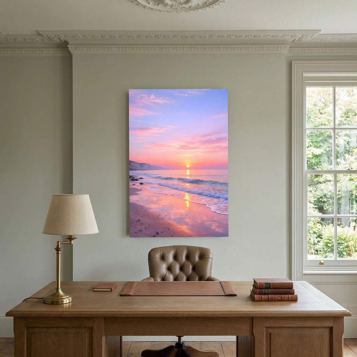 Hochformatiges Wandbild mit Sonnenaufgang über Küste, Pastellrosa und Spiegelung auf Wasser