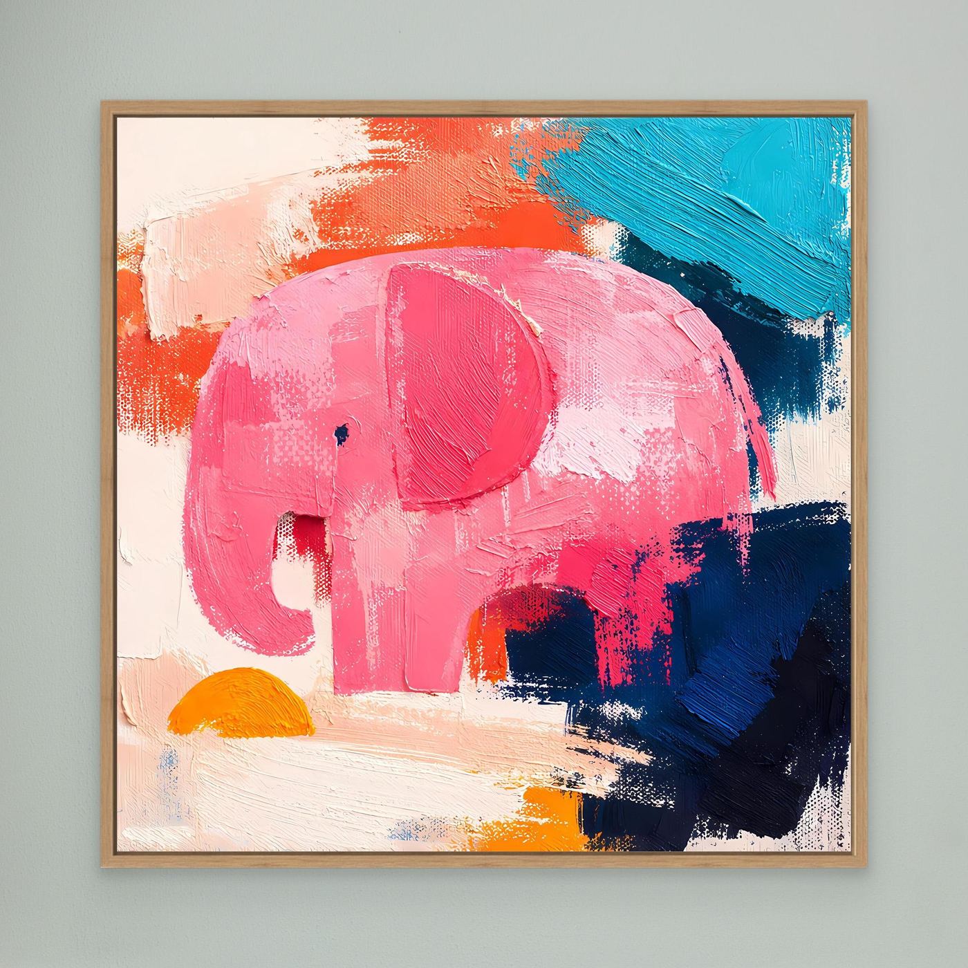 Oak-framed abstract elephant wall painting with pink elephant, blue and orange brushstrokes