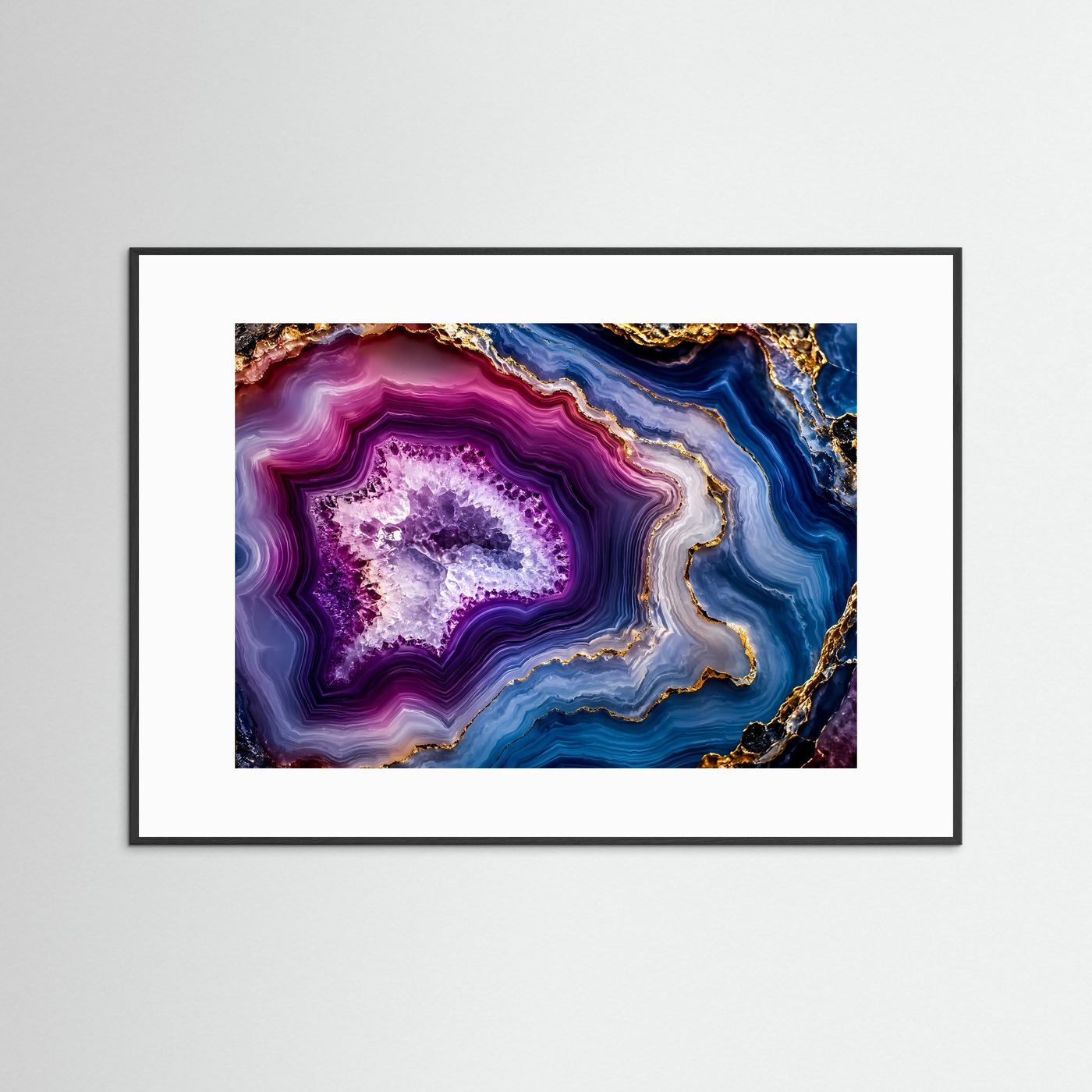 Achat Geode Poster Querformat | Abstrakte Edelstein Wandkunst in Violett, Blau & Gold | Luxuriöses Mineralien Wandbild