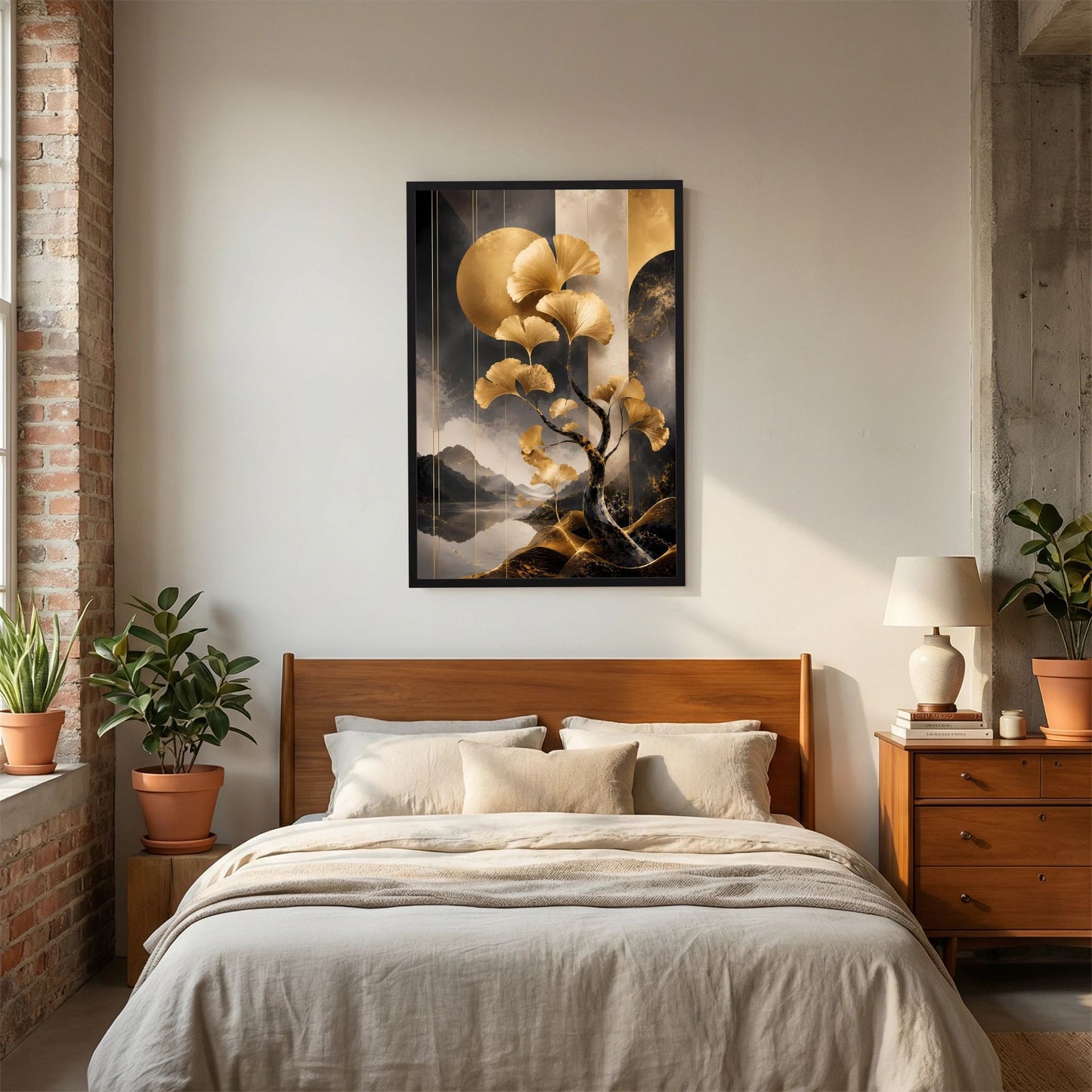 Poster im Hochformat mit goldenen Ginkgo-Blättern, schwarzem Rahmen und Landschaftsmotiv