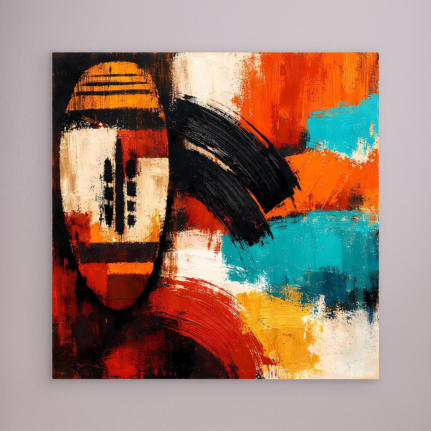 Abstract African mask wall art with red, orange, turquoise and black streaks; framed