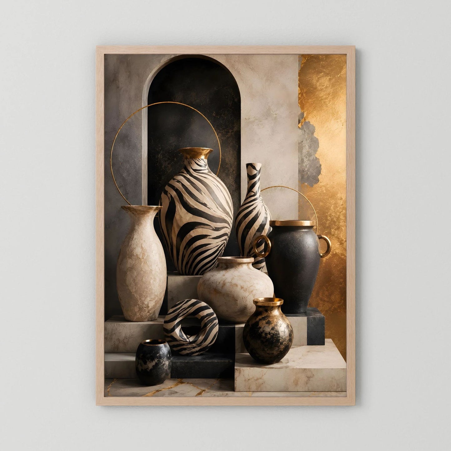 Poster im Hochformat: Zebra-Keramik-Stillleben, Schwarz-Gold, Holzrahmen in hellbraunem Eichenfarbton