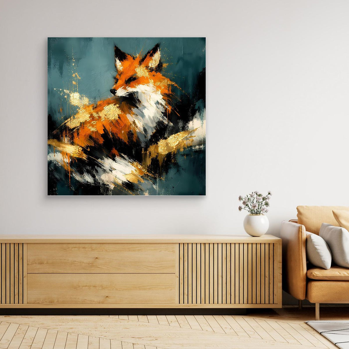 Leinwand-Wandbild mit abstraktem Fuchs in Orange und Gold auf dunklem Blau.