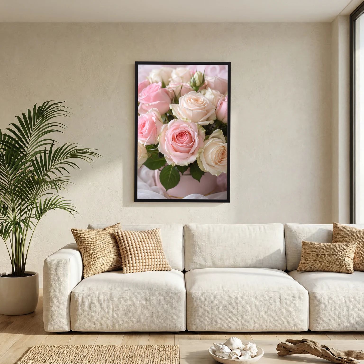 Hochformat-Wandposter mit rosa und weißen Rosenstrauß, im schwarzen Rahmen.