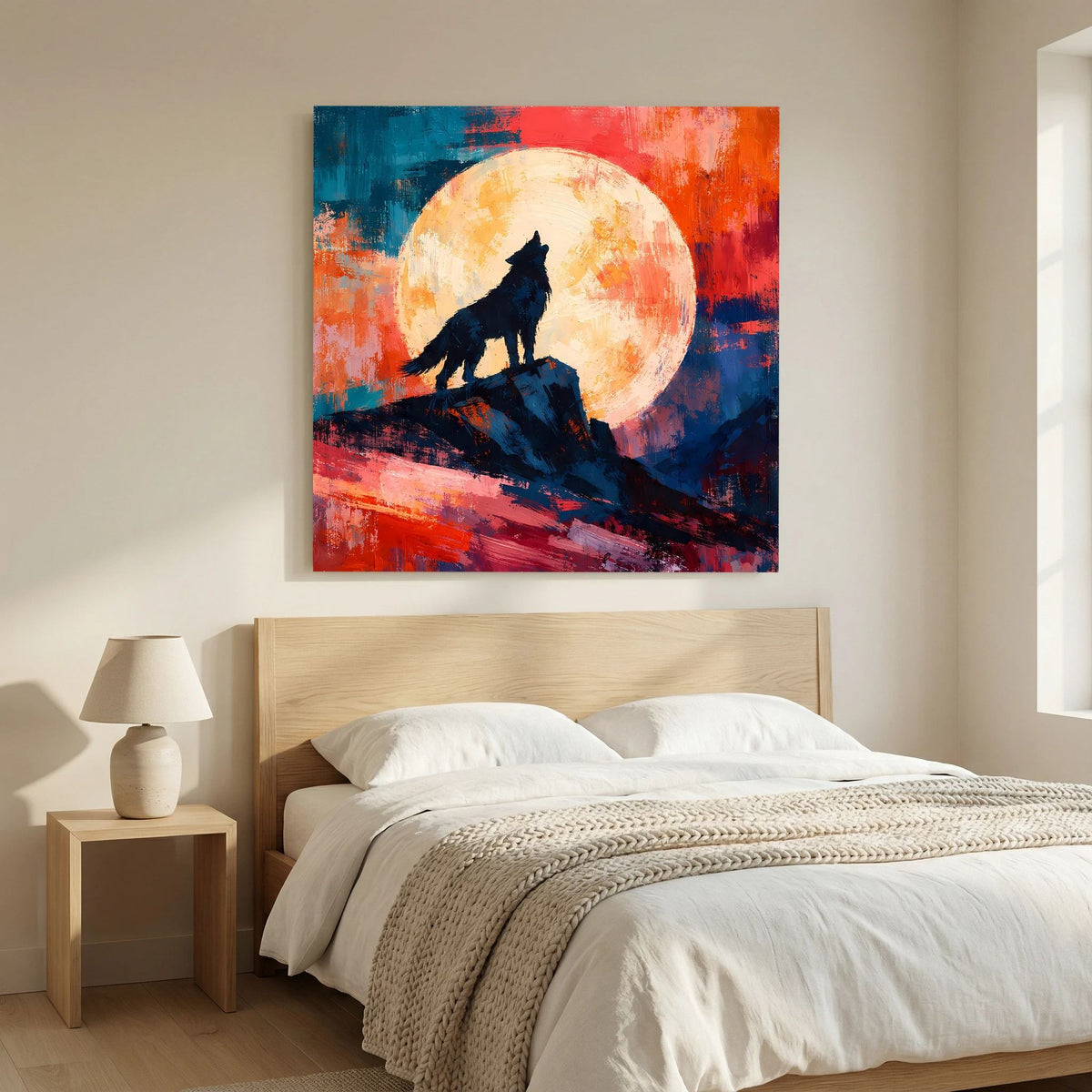 Leinwand Abstraktes Wolf Gemälde | Modernes Mystisches Wandbild Heulender Wolf Vollmond
