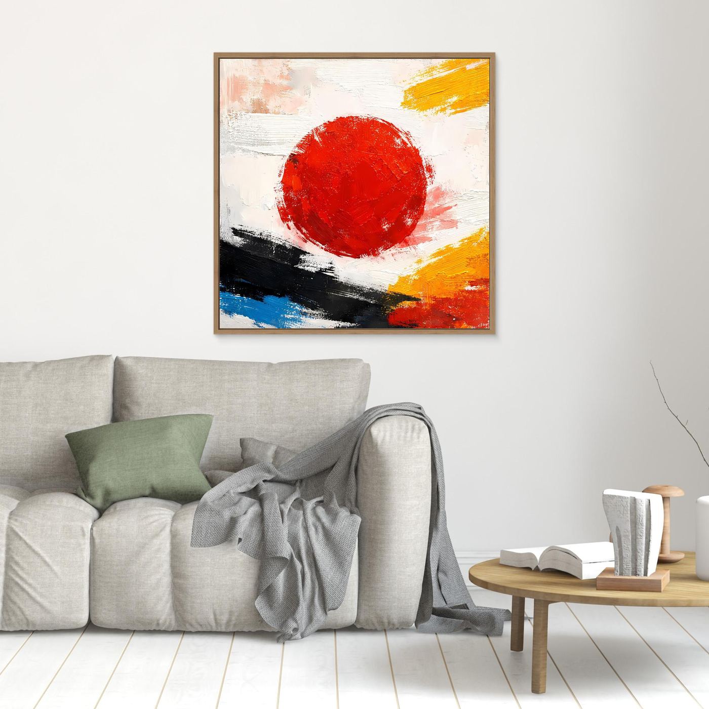 Abstraktes Leinwandbild mit roter Sonne, gelben Farbflecken und blauem Pinselstreifen