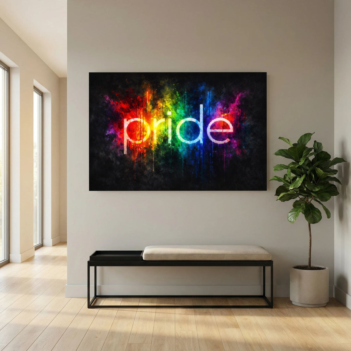 Wandbild „pride“ mit Regenbogen-Spritzgrafik an Wand über Bank, schwarzer Rahmen