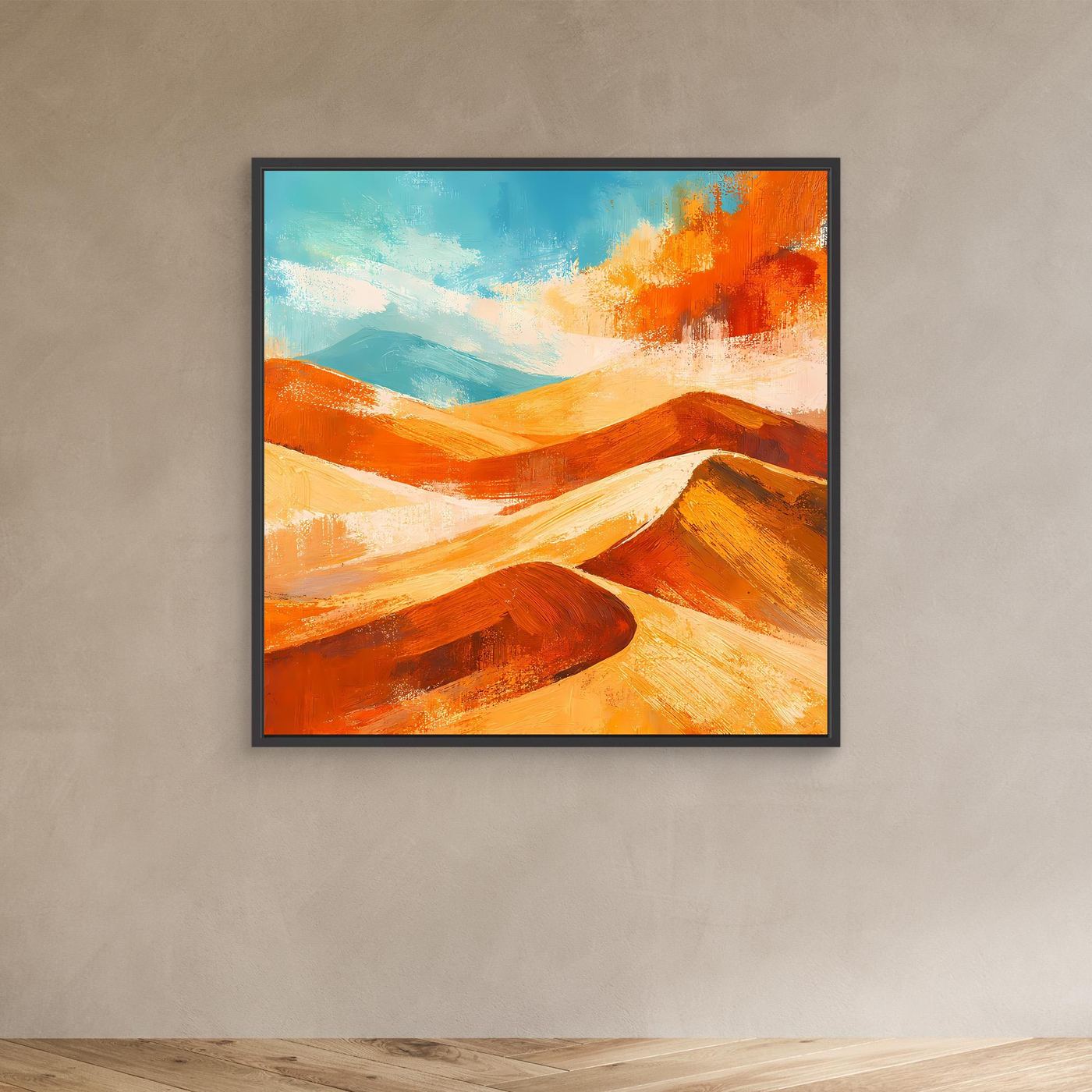 Abstract desert landscape canvas art with orange and gold dunes in a black frame