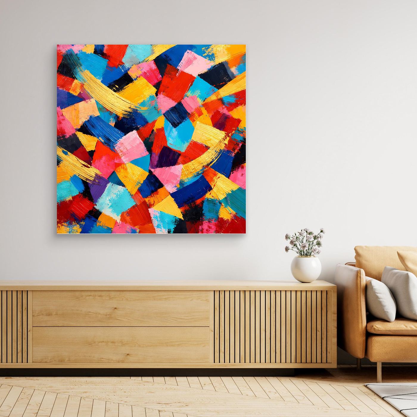 Quadratisches Leinwandbild mit abstrakten Pinselstrichen, bunt und mit goldfarbenem Rahmen