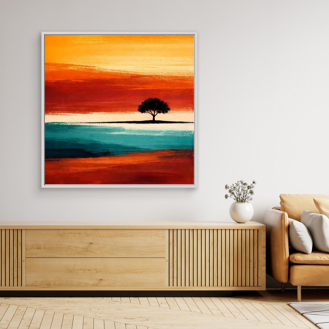 Leinwandbild mit minimalistischer Baum-Silhouette am Horizont, türkis-oranges Motiv, weißer Rahmen
