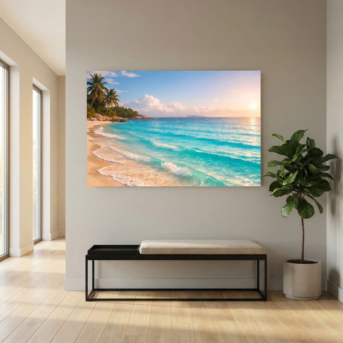 Wandbild mit tropischem Sandstrand und türkisfarbenem Meer, über schwarzer Bank im Flur