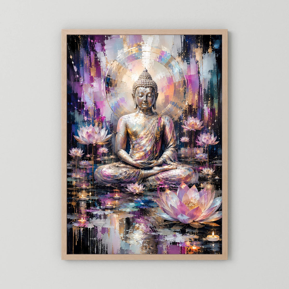 Poster im hellen Holzrahmen: sitzender Buddha mit Lotusblüten, abstraktes Gold-Rosa-Blau-Motiv.