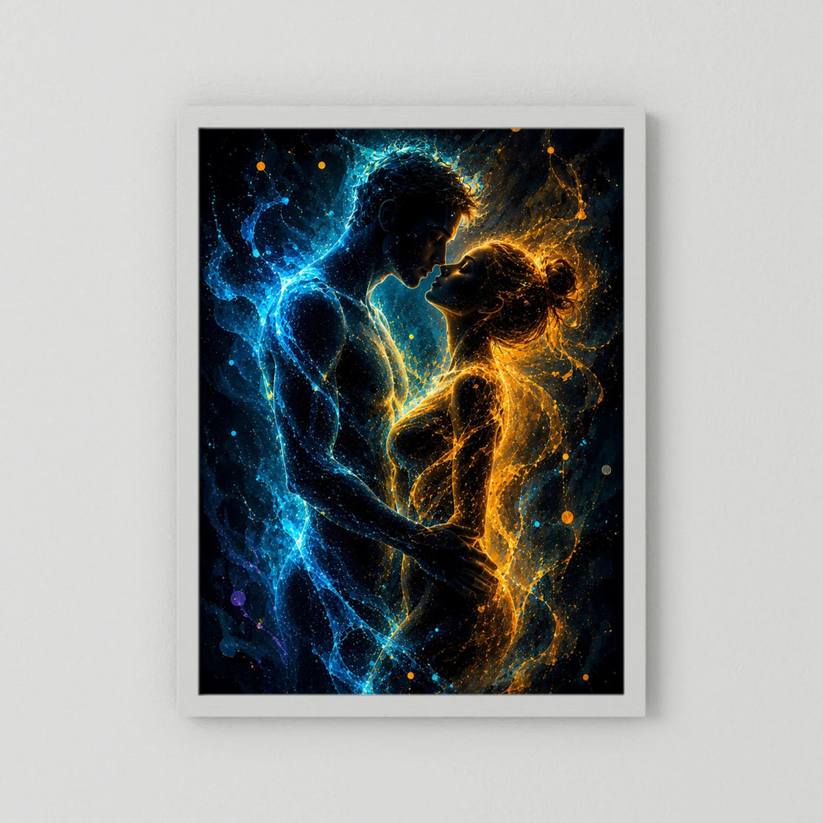 Hochformat-Poster mit abstraktem Liebespaar in Blau und Gold ohne erkennbaren Rahmen