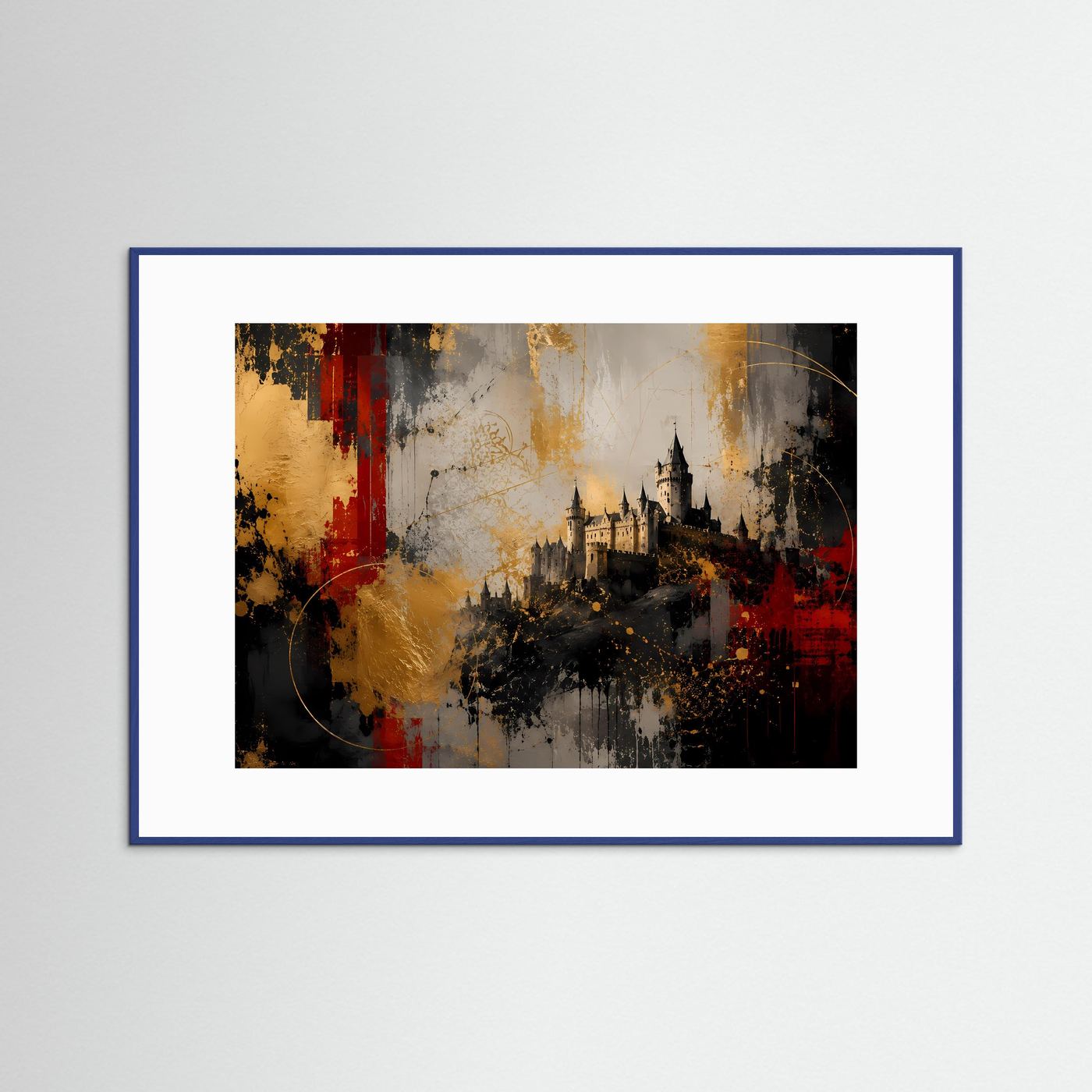 Architektur-Kunstposter mit Schlossmotiv im Querformat und blauem Rahmen