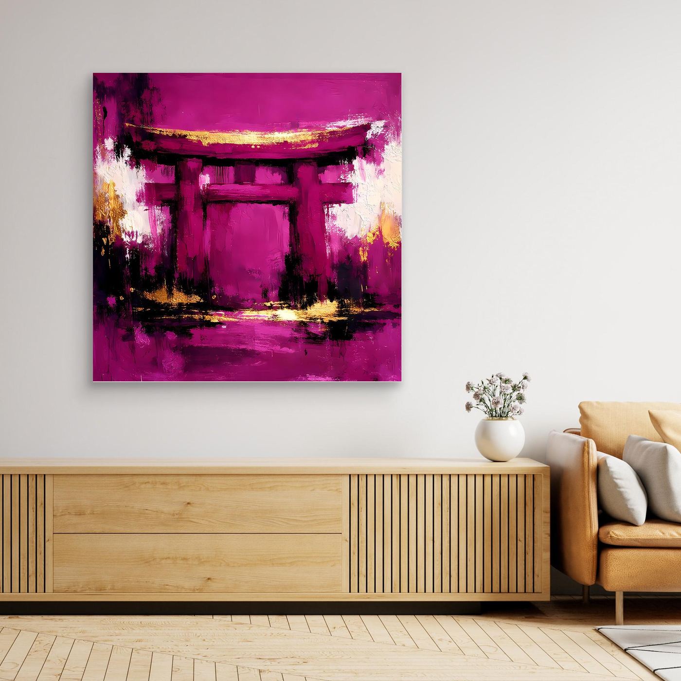 Leinwand Mystisches Torii-Tor in Magenta | Abstraktes Japan Wandbild Moderne Kunst