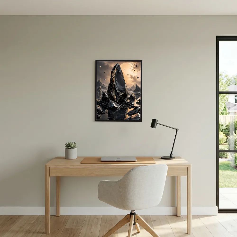 Gerahmtes Poster über dem Schreibtisch: dunkle Berglandschaft mit Goldakzenten