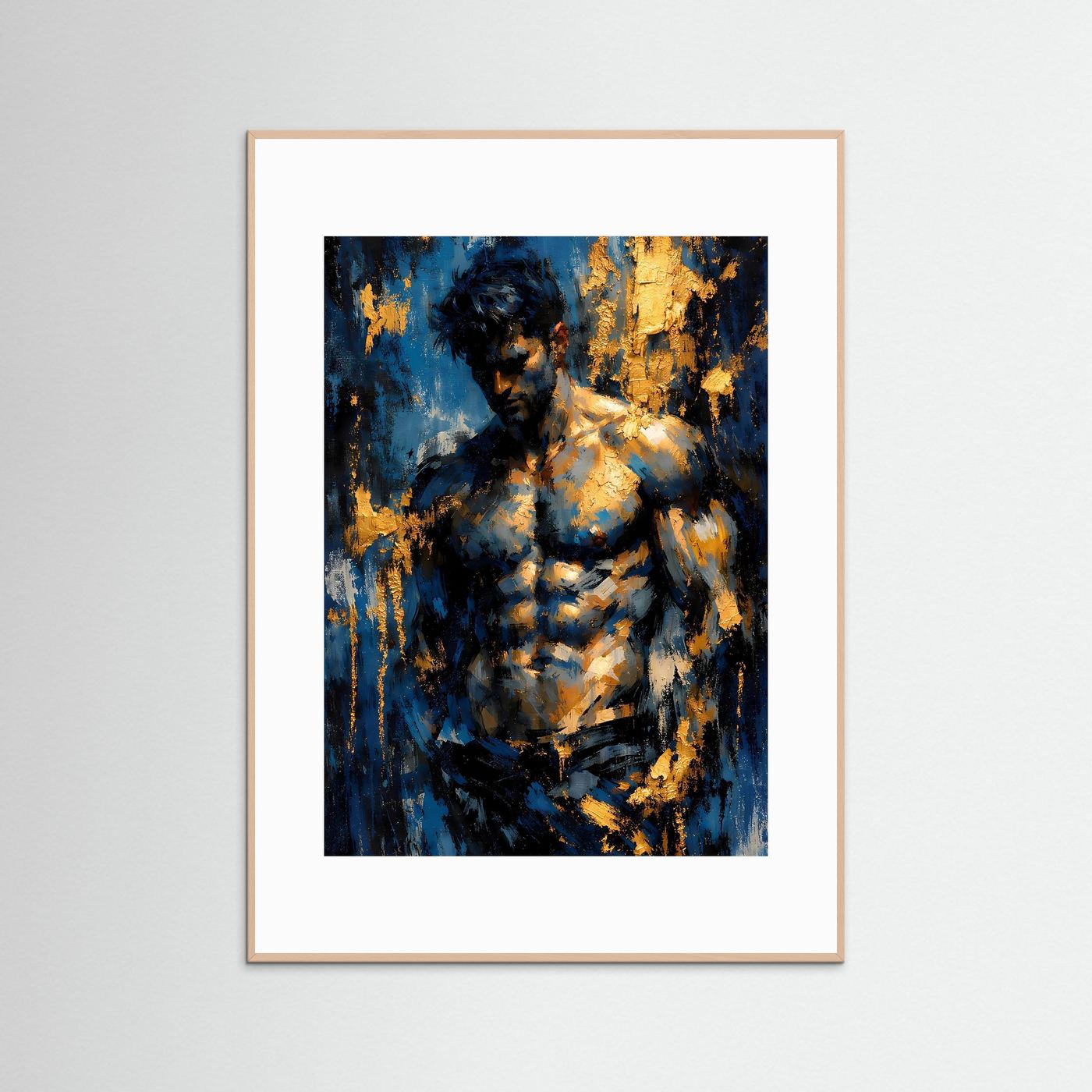 Poster im Hochformat mit abstraktem Aktmotiv, goldenen Akzenten, tiefblau und schwarz; weiß gerahmt