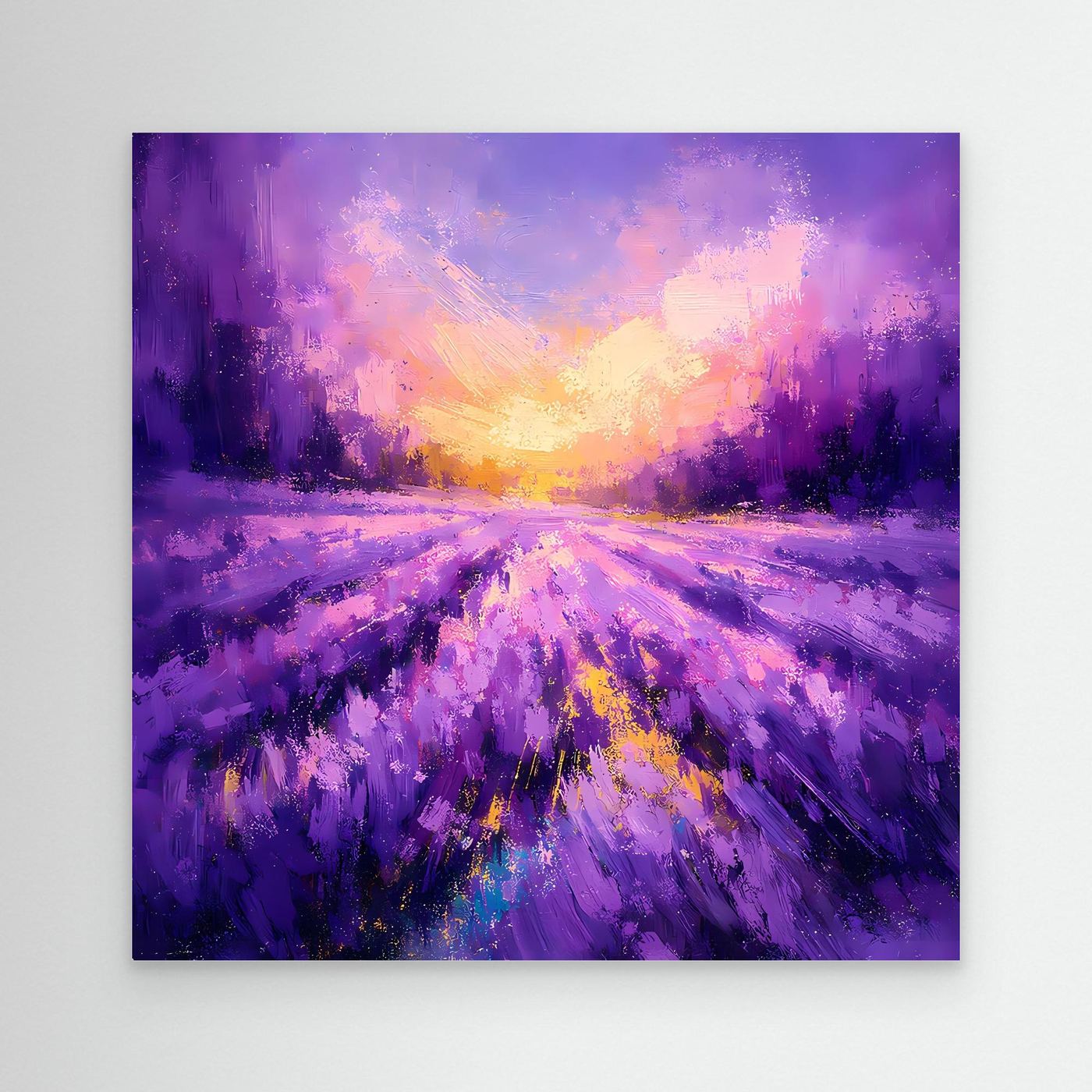 Leinwand-Wandbild mit violettem Lavendelfeld und goldenem Sonnenuntergang, ohne Rahmen
