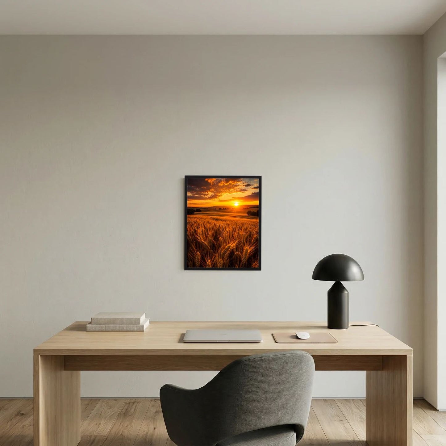 Kleines Wandposter mit Weizenfeld und Sonnenuntergang im schwarzen Rahmen, hochkant
