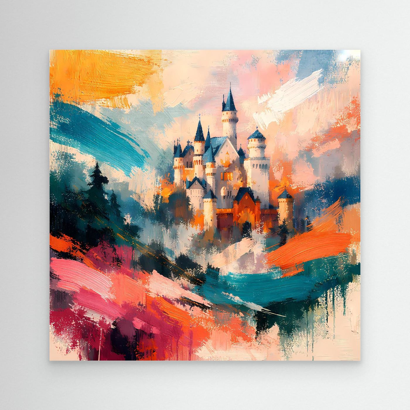 Premium Leinwand Märchenhaftes Schloss in abstrakten Farben | Modernes Castle Wandbild