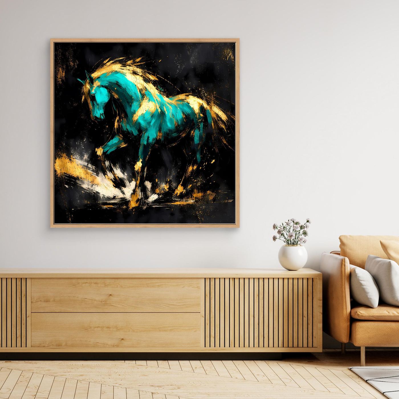 Leinwand Kraftvolles Pferd in Türkis und Gold | Modernes Abstraktes Wildtier Wandbild