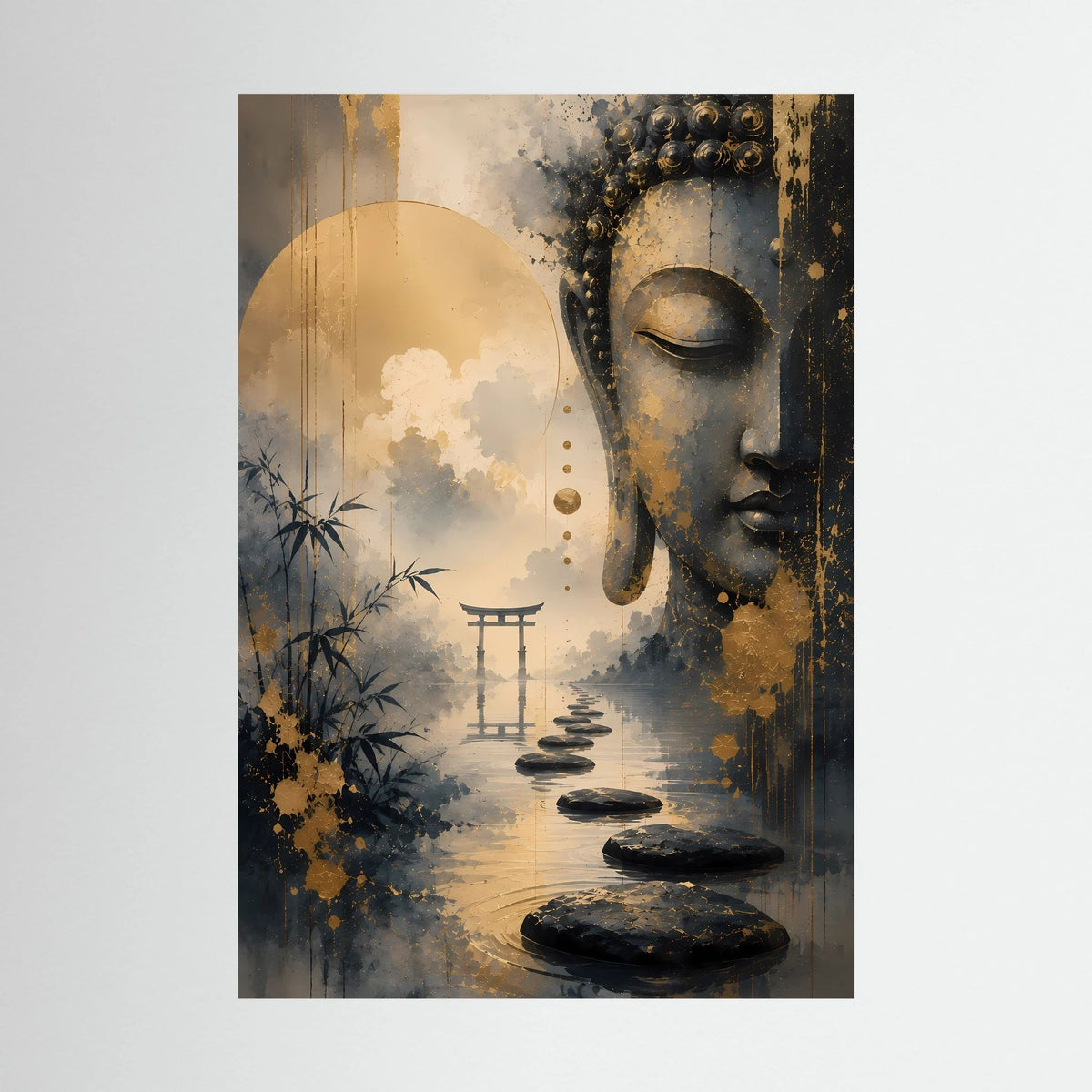 Hochformat-Poster mit Buddha-Gesicht in Gold und Schwarz, Zen-Weg mit Steinen und Torii