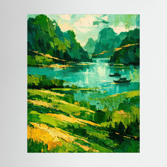Abstraktes grünes Flusslandschaft-Poster mit Booten, Hochformat, ohne Rahmen