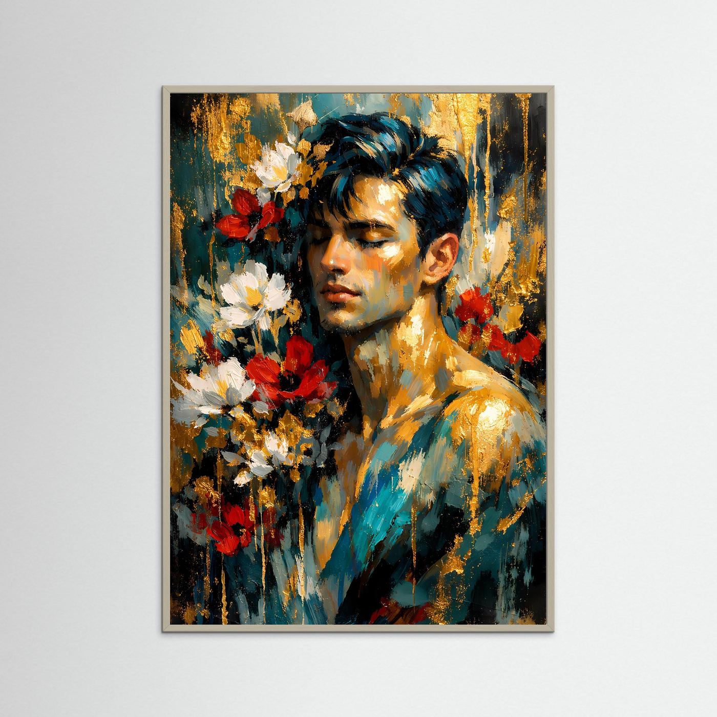 Abstraktes Männerporträt-Poster mit Blumen, blaugrünem Hintergrund, im grauen Rahmen