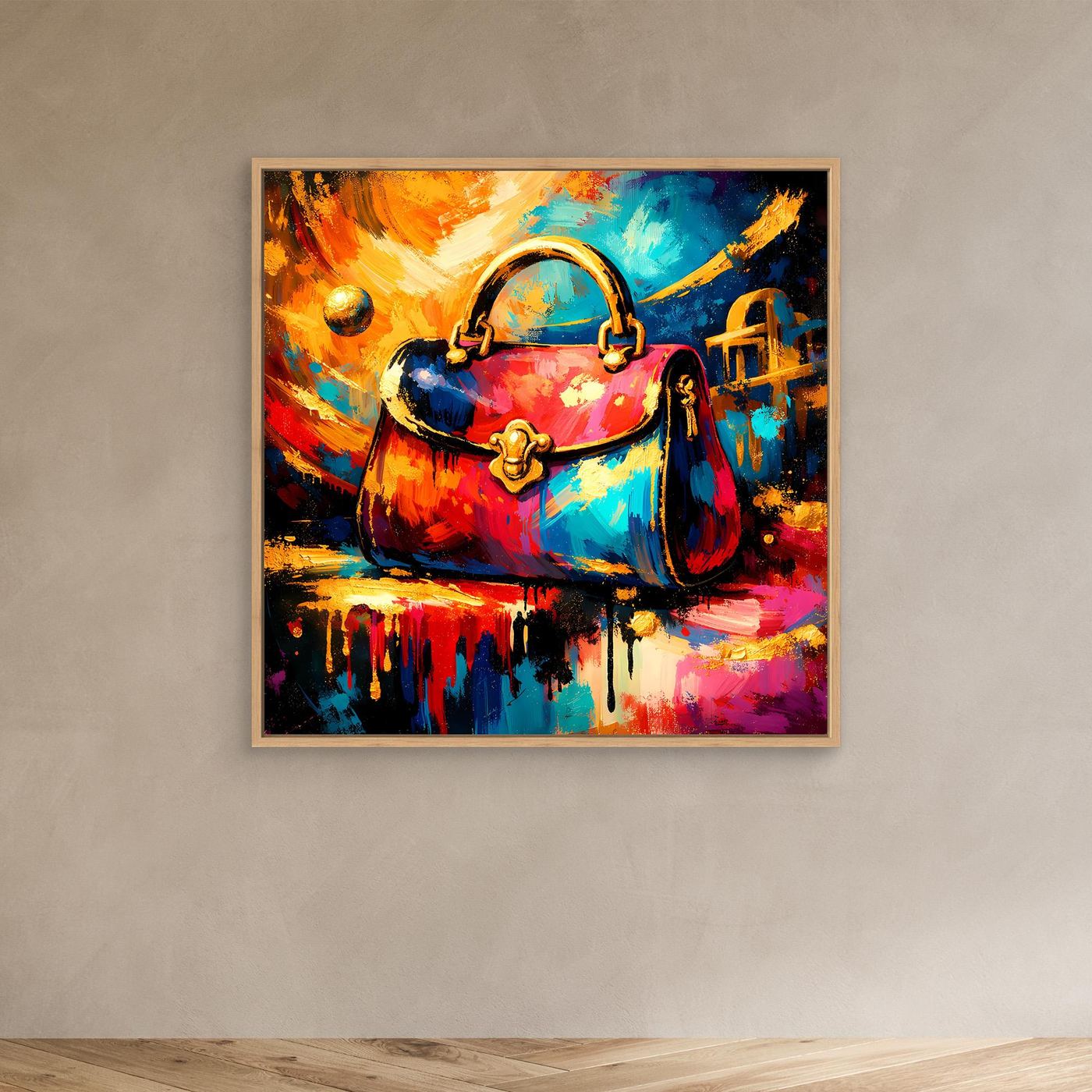 Leinwandbild mit abstrakter Handtasche in Blau und Rot, im Eichenholzrahmen