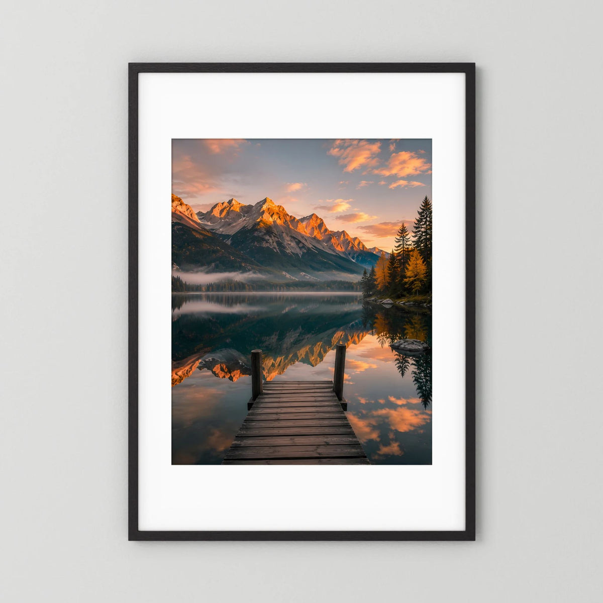 Hochformatiges Kunstposter mit schwarzem Rahmen und weißem Rand: Holzsteg am Bergsee.