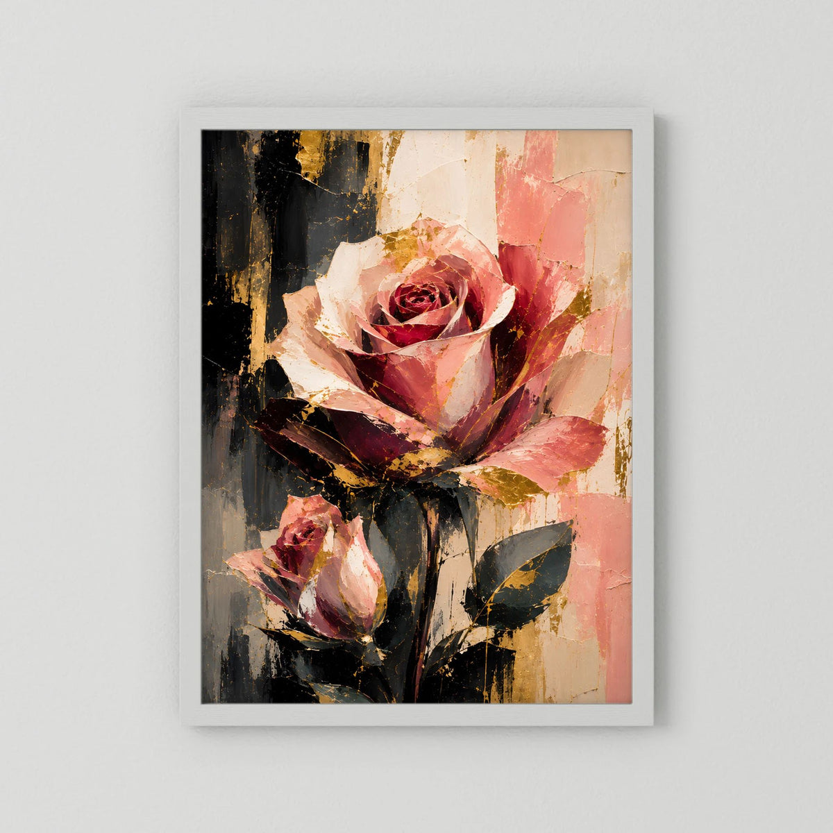 Blumenposter mit abstrakter Rosengrafik in Rosé und Gold, weißer Rahmen.