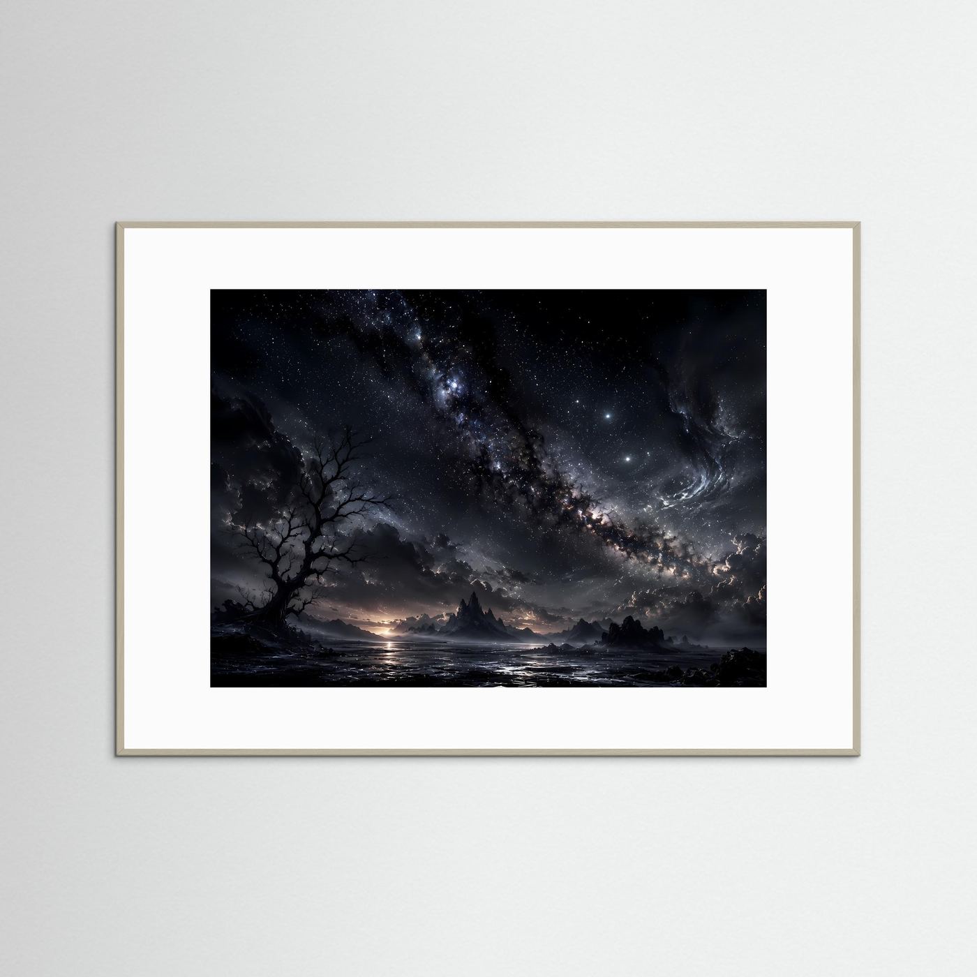 Milchstraße Poster Schwarz Weiß | Mystischer Sternenhimmel Landschaft | Kosmische Nacht Wandbild | Fantasy Himmel | Moderne Himmelskunst