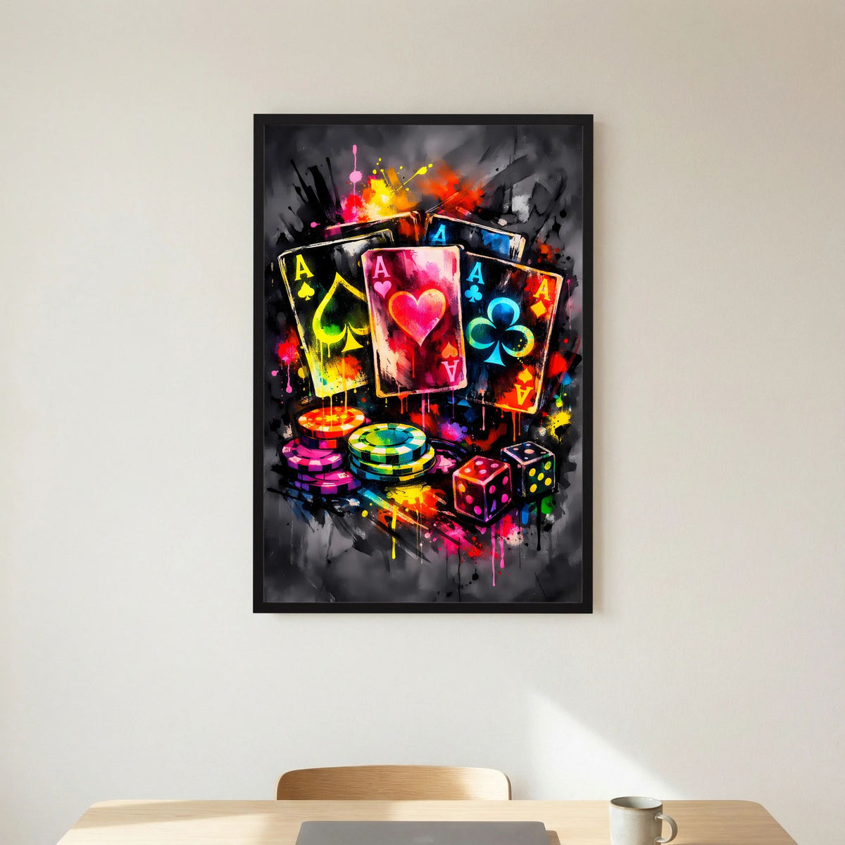 Hochformatiges Poker-Asse-Neon-Poster mit bunten Kartensymbolen, Chips und Würfeln
