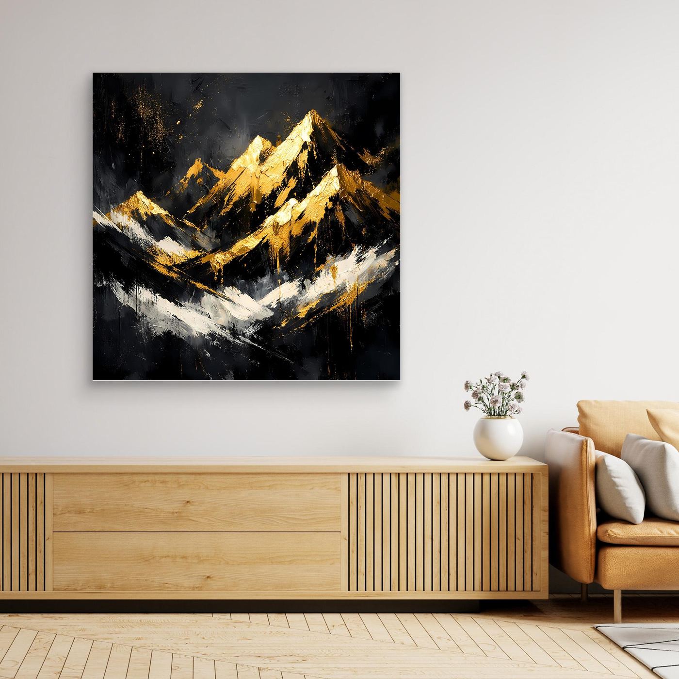 Leinwand Goldene Berggipfel im Abendlicht | Modernes Abstraktes Berg Wandbild