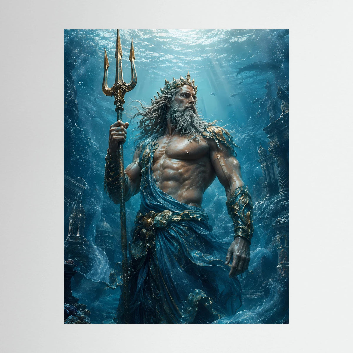 Nahaufnahme-Hochformatposter: Poseidon mit Dreizack, Unterwasser, kräftiges Blau