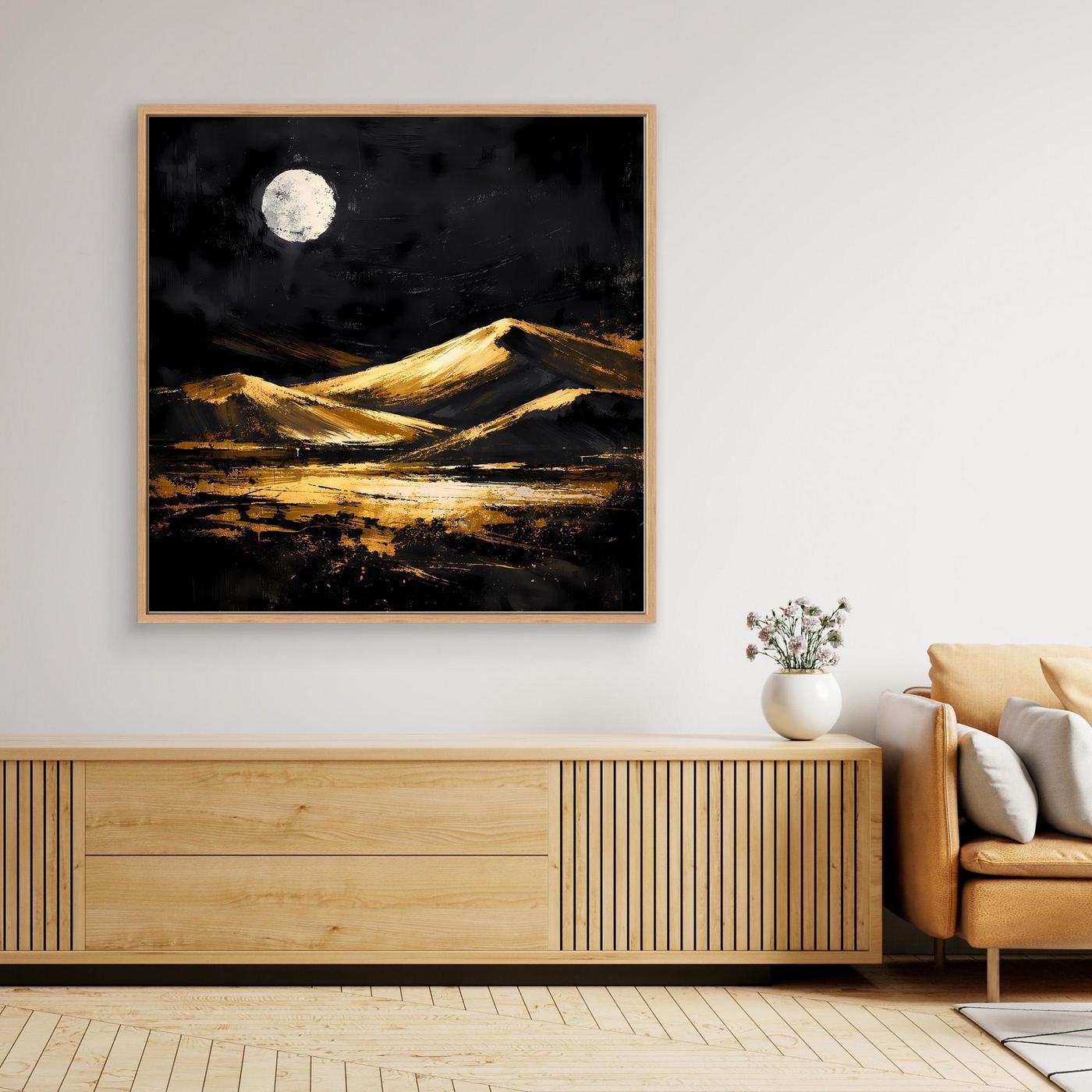 Leinwand Goldene Wüstendünen bei Vollmond | Modernes Abstraktes Landschafts Wandbild