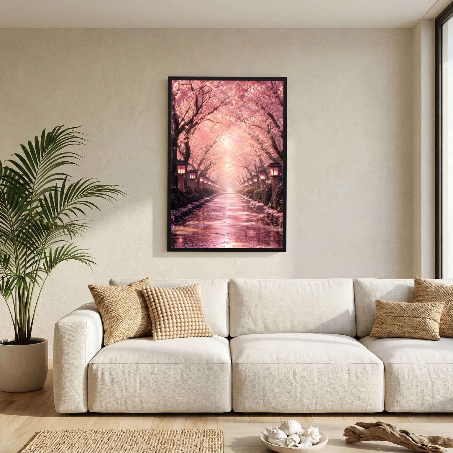 Hochformat-Wandposter mit japanischer Kirschblütenallee in Rosa, schwarzer Rahmen